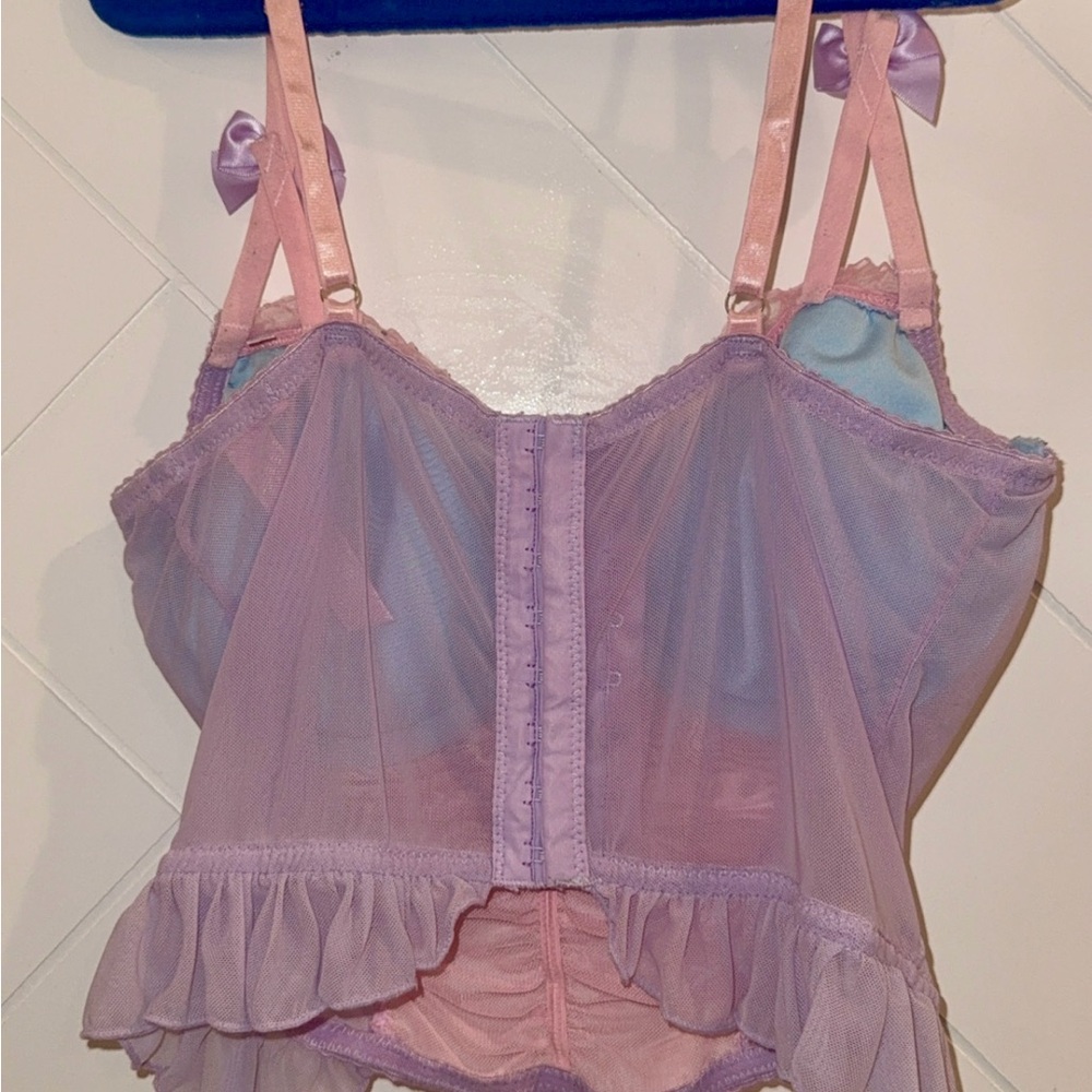 Frilly Micro Mesh Sugar Thrillz Corset Bustier Cotton Candy Pink Purple Cami med - Picture 7 of 8